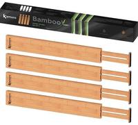 Séparateurs de tiroirs Kamoro en bambou naturel, lot de 4, avec ressort pour un maintien solide et embouts ne rayant pas les meubles, séparateurs de tiroirs réglables entre 44 et 56 cm, couleur bois