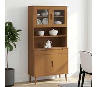 sephironlbb Buffet MOLDE Caramel en Bois de Pin Massif 90 x 35 x 100 cm avec Portes Vitrées et Compartiments Ouverts pour Rangement Salon Cuisine Salle à Manger Couloir