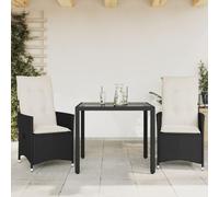 sephironlbb Ensemble Bistro 3 pièces en résine tressée Noir avec Coussins Blancs crème, fauteuils inclinables en Acier et Table en Verre trempé pour terrasse Balcon Jardin Repas détente convivialité