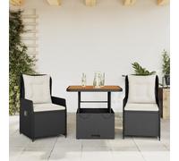 sephironlbb Ensemble de Bistro 3 pcs résine tressée Noir avec Coussins Blancs crème, Table en Bois d'acacia réglable, chaises inclinables avec Dossier et accoudoir