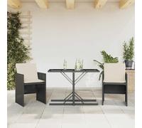 sephironlbb Ensemble de Bistro 3 pièces résine tressée Noir avec Coussins Blancs crème, Table en Verre trempé, chaises Pliantes avec Dossier, pour Balcon, terrasse, Jardin ou Patio détente Repas