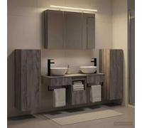 sephironlbb Ensemble mobilier Salle de Bain 6 pièces Sonoma Gris Bois d'ingénierie avec Miroir Double Face LED éclairage Blanc Montage Mural Grande capacité Rangement lavabo Robinet Pratique