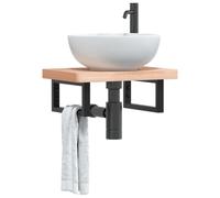 sephironlbb Étagère de Vasque Murale en Acier Noir et Bois Massif de hêtre 50x35 cm, Support Robuste pour Meuble lavabo Salle de Bain, Rangement Suspendu avec Porte-Serviette