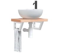 sephironlbb Étagère Murale pour Vasque en Acier Blanc et Bois Massif de hêtre 50x35 cm, Support trapèze Robuste, Rangement Salle de Bain, Porte-Serviette, capacité 100 kg, Fixation Murale Stable