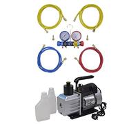 sephironlbb Pompe à vide 50 l/min avec manomètre de distribution à 4 voies, boîtier en aluminium pour climatisation, accessoires de réparation, portable, avec indicateur de niveau d'huile et mallette