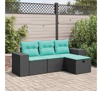 sephironlbb Salon Jardin 4 pièces en résine tressée Noire avec Coussins Bleus, Cadre Acier Enduit, Rangement intégré, Pouf Multifonction pour terrasse Balcon Patio