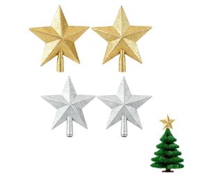 SEPWGUMD 4 Étoile Sapin de Noël 10 cm, Cimier Arbre Topper Or et Argent, Décoration de Table pour Pâques et Carnaval, Ornement Scintillant et Lumineux, Cadeau de Fête