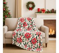 Serafina Home Couverture Polaire pour Les fêtes de Noël - 152,4 x 127 cm - Blanc - Poinsettias Rouges, Feuilles de Houx Vertes et Baies Rouges - Accent Confortable pour canapé, Chaise, lit ou dortoir