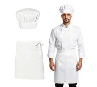 SERAVA Tablier Blanc Toque de Cuisinier Set Tablier Cuisine Homme Femme | Tablier Chef Toque Chef Coton mélangé Blanc Taille adulte Réglable Cuisine Maison Restaurant Boulangerie Pâtisserie Costume