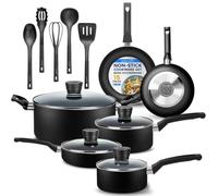SereneLife Batterie de Cuisine 15 Pièces - Casseroles et Poêles Noir Intérieur Antiadhésif, Laque Thermorésistante - Taille Unique