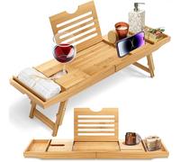 SereneLife Combo Plateau Baignoire/Petit-Déjeuner - Plateau Salle de Bain en Bois de Bambou Naturel Imperméable pour Baignoire et Lit avec Bras Pliables Coulissants - Planche de Bain