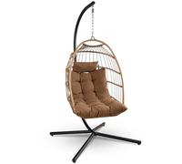 SereneLife Fauteuil Oeuf Suspendu avec Support - Rotin Tressé Pliable, Coussin Imperméable, Appui-Tête Confort pour Patio, Chambre, Véranda, Jardin, Marron