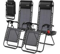 SereneLife Lot Set de 2 Chaises Pliantes - Chaise Longue Réglable pour Extérieur avec Table Latérale, Porte-Gobelets, Oreillers Amovibles - Patio, Jardin, Plage - Noir délavé