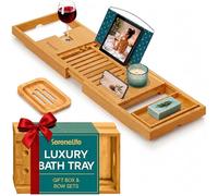 SereneLife Plateau Baignoire en Bambou avec Coffret Cadeau de Luxe et Ruban Rouge - Plateau Salle de Bain Extensible et Ajustable avec Support pour Livre - Planche de Bain