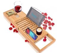 SereneLife Plateau de Baignoire de Luxe en Bambou - Organiseur de Baignoire réglable en Bois Naturel avec Porte-vin, Emplacement de Tasse, Porte-Savon, Espace Livre et Emplacement pour téléphone pour