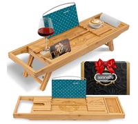 SereneLife Plateau de Baignoire en Bambou Extensible - Support de Bain Réglable avec Poignées Antidérapantes, Porte-Verre à Vin et Support pour Tablette ou Smartphone