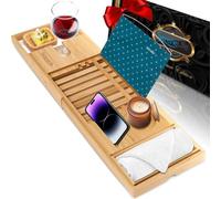 SereneLife Plateau de baignoire en bambou - Plateau réglable, support de livre et de tablette, plateaux d'accessoires amovibles, design ergonomique, fente pour verre à vin, cadeau spa relaxant pour la