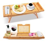 SereneLife Plateau de Bain pour Petit déjeuner - Extensible et étanche - en Bois de Bambou Naturel - avec Bras coulissants pliants, rainures pour appareils, Porte-Savon pour Verre à vin