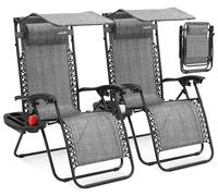 SereneLife Set de 2 Chaises Pliantes - Chaise Longue Réglable pour Extérieur avec Table Latérale, Visière Pare-Soleil, Porte-Gobelets, Oreillers Amovibles - Patio, Jardin, Plage - Gris