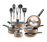 SereneLife SLCW15GLD Batterie de cuisine antiadhésive de 15 pièces - Sans PTFE/PFOA/PFOS - Laque résistante à la chaleur avec poignées en bakélite, casserole, poêles à frire, couvercle transparent