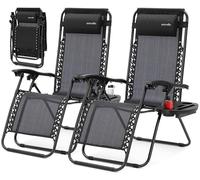 SereneLife Zero Gravity Lot de 2 chaises Longues Pliables, jusqu'à 120 kg, Noir, réglables et résistantes aux intempéries, avec Table, Porte-gobelet et Oreiller, pour Balcon, Plage, Camping