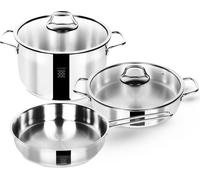Serenk Modernist Stainless Steel Pots and Pans Set, 5 Piece Cookware with Induction Base, Deep and Flat Pots with Lids, Frying Pan, Dishwasher Safe, 9.4" - 10" - 10"