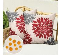 Serento Lot de 2 Taie d'oreiller Extérieure Imperméable en Lin Rouge et Gris Fleur de Dahlia Housse de Coussin Noël de Canapé Décoratif pour Jardin Balcon Salon Chambre Patio 45x45cm