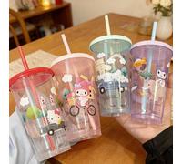Série de collection de vie mondiale des personnages Sanrio Ensemble de 4 gobelets en plastique avec paille 520 ml 17,59 oz, Hello chat/My Melody/Cinnamoroll/Kuromi 4 personnages, impression de dessin 