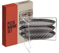 Série pour pizza – Lot de 3 pièces – Moule à pizza perforé en acier au carbone, 28 cm Remarque : dans ce contexte, « feuille » et « série » sont synonymes ; « moule à pizza » remplace « feuille de p