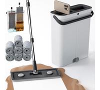 Serpillère compacte avec seau - Balai plat mains libres pour nettoyage humide et sec | Idéal pour appartement, maison, camping-car, fenêtres et murs | Comprend 7 tampons en microfibre lavables