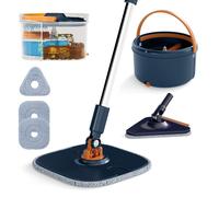 Serpillère COSTWAY avec Seau et 3 Tampons, Balai Rotative à 360°avec Essoreuse, Fonction Lavage et Séchage Bleu