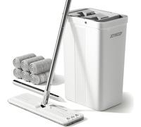 Serpillière et seau avec système d'essorage, design plat, utilisation mains libres, 155 cm, 6 tampons en microfibre, couleur blanche