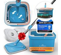 Serpillière et Seau Essoreur - Système à 2 Compartiments avec 2 Tampons Microfibre, Balai Plat de Nettoyage Sol et Ménage, Mop de Sol Plat avec Seau de Nettoyage, Bleu - ALANBERG®