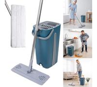 Serpillière plate en microfibre avec seau - Système d'essorage sans contact - Rotation à 360° - Pour le nettoyage à sec et humide - Lingettes lavables - Convient pour les sols, les carrelages et les s