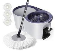 Serpillière seau essoreur à pédale, lot 3 tampons microfibre lavables, manche télescopique inox, tête pivotante 360°, seau gris
