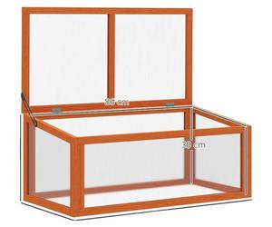 Serre à ossature bois, en épicéa massif pré-huilé, dimensions 90 x 46 x 40 cm, adaptée à diverses plantes, ventilation ouverte au niveau du toit, panneaux en nid d'abeille pour la diffusion de la lumi