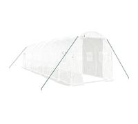 Serre avec cadre en acier blanc, 16 m², 8 x 2 x 2 m, film PE résistant aux UV, fenêtre en maille enroulable, porte zippée, protection résistante aux intempéries pour légumes, tomates, herbes, balcon