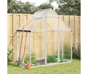 Serre avec structure de fondation en aluminium et panneaux en polycarbonate UV, dimensions 169x114x195 cm, couleur argentée et transparente. Équipée de fenêtres de ventilation et d'une porte battante,