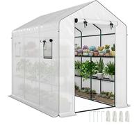 Outsunny Serre de Jardin PE avec étagères 3 Niveaux, Serre d'extérieur avec bâche renforcée 135 g/m² Anti-UV, châssis en Acier, Portes zippées enroulables et fenêtres en Maille, 143x215x190cm, Blanc
