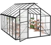 Serre de qualité en aluminium, dimensions 380x250x205 cm, surface de 9,5 m². Serre de jardin spacieuse avec fondation renforcée, fenêtres de toit et porte. Résistante aux intempéries et aux variations
