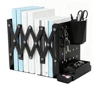 Serre-Livres Réglable en Métal Télescopique, Cale-Livres Extensible avec Porte-Stylo, 6 Crochets et Plateau, Base Antidérapante pour Bureau, Maison, École - Serre Livres Noir 49,5 cm