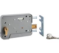 Serrure en applique à double entrée pour portillon, réversible, 150x108mm, axe 130mm, cylindre 30x10mm, gris, 3 clés - THIRARD