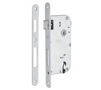Serrure encastrée à cylindre européen 90 mm x 50 mm, double alimentation, réversible, plaque ronde, rappel 1/2 tour, chrome mat - THIRARD