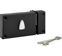 Serrure horizontale en applique 6 gorges à clé pour porte de cave, pêne seul, droite, axe 64mm, 140x88mm, noir, 2 clés - THIRARD