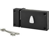 Serrure horizontale en applique 6 gorges à clé pour porte de cave, pêne seul, gauche, axe 64mm, 140x88mm, noir, 2 clés - THIRARD