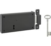 Serrure horizontale en applique à clé pour porte de cave, pêne seul, droite, axe 105mm, 160x80mm, noir, 1 clé - THIRARD