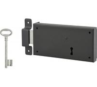 Serrure horizontale en applique à clé pour porte de cave, pêne seul, gauche, axe 105mm, 160x80mm, noir, 1 clé - THIRARD