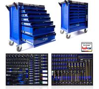 Servante d'atelier 7 tiroirs, 6 remplis, équipés, remplis - Bleu Inserts EVA/mousse, classement logique, 4 roulettes (2 stop), acier au chrome-vanadium