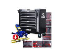 Servante d'atelier BM TOOLS 9/7 MONSTER-EDITION-GREY 7 tiroirs pleins 257 outils + Cric hydraulique Kraft Muller 2,25T Bleu