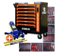 Servante d'atelier BM TOOLS 9/7 MONSTER-EDITION-ORANGE 7 tiroirs pleins 257 outils + Cric hydraulique Kraft Muller 2,25T Bleu